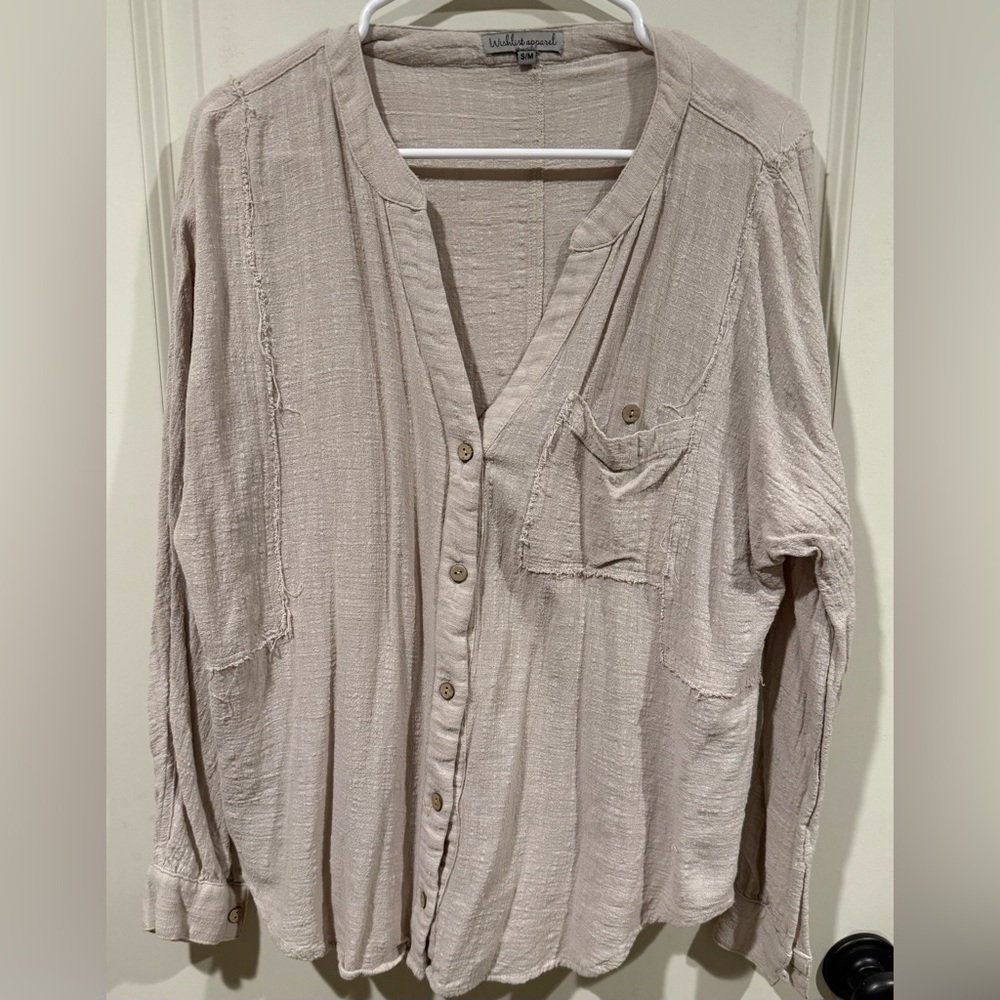 Wishlist Apparel Women’s Linen Boho Tan Long Sleeve Button Up Shirt sz S/M